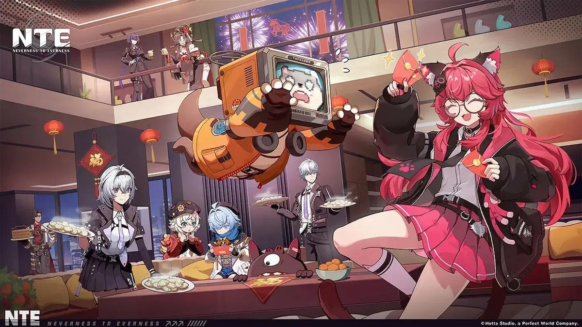 Characters celebrating a festival event together in NTE: Neverness to Everness