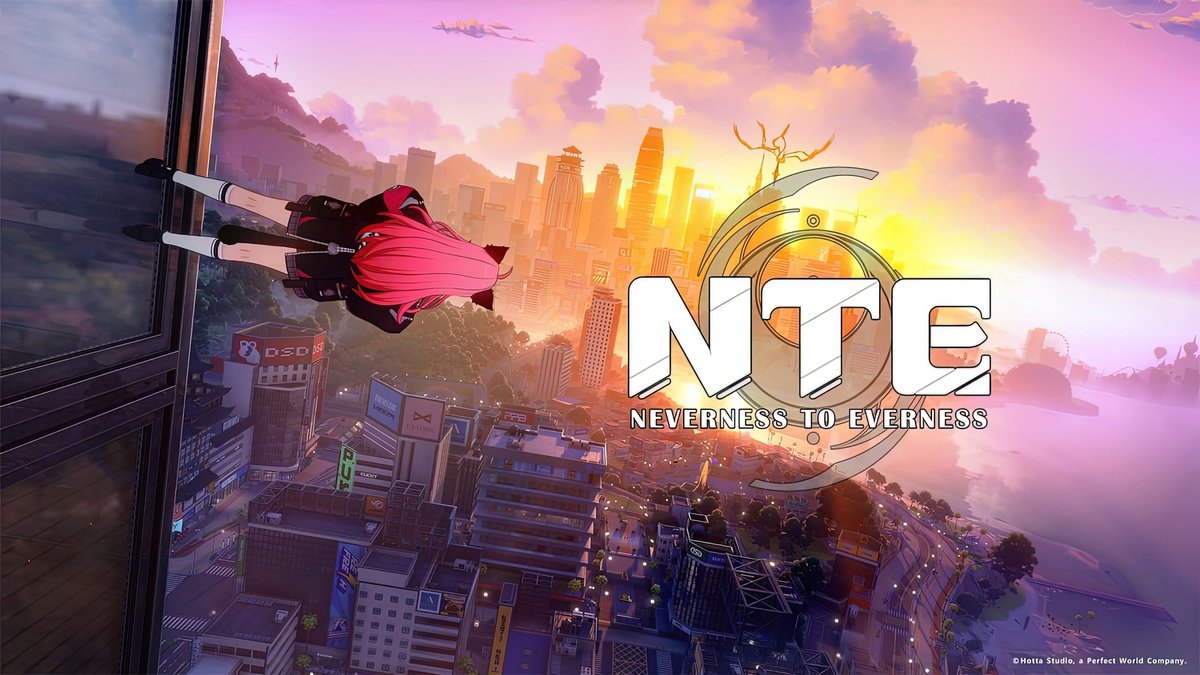Official key art for NTE: Neverness to Everness showing a character falling past the skyline of Hethereau