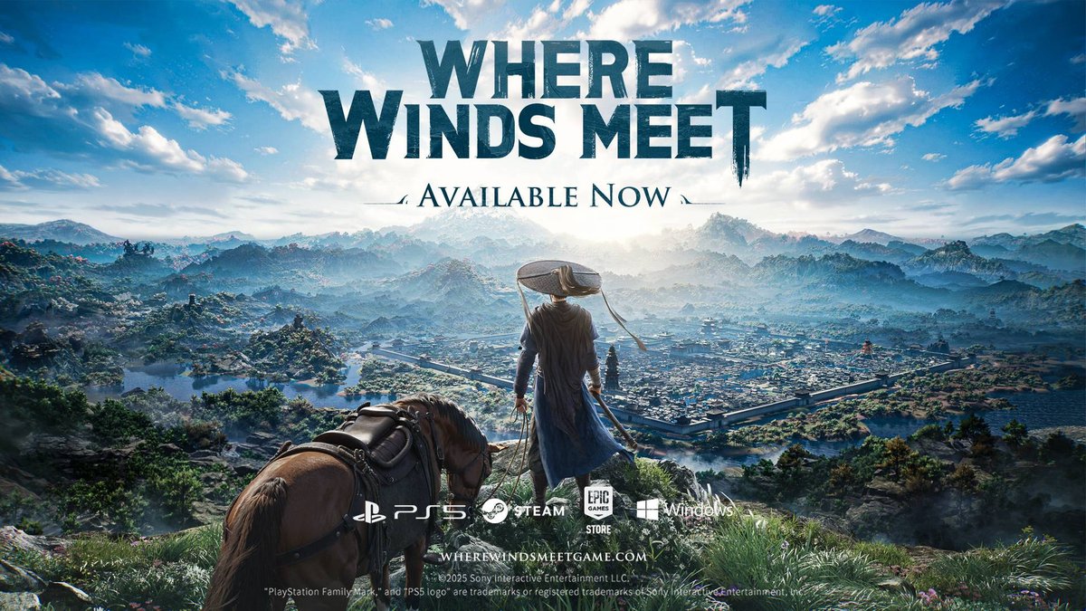 Key art for Where Winds Meet showing a traveler overlooking a walled city from a mountain ridge